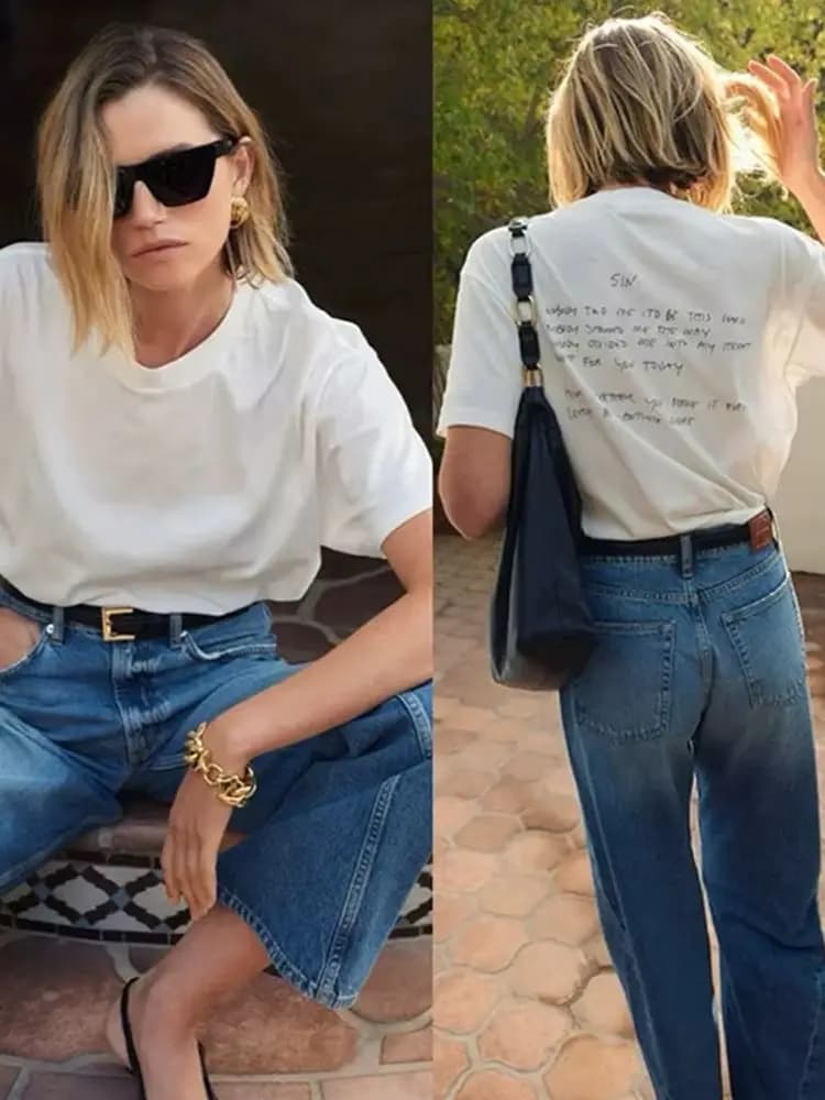 T-shirts blancs pour femmes, imprimés de lettres graffiti, t-shirts à col rond à manches courtes pou