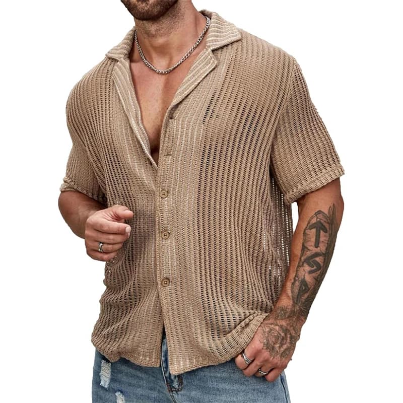 Chemise en Tricot Transparente pour Homme, Streetwear à la Mode, Sexy, Décontracté, à Revers Boutonn