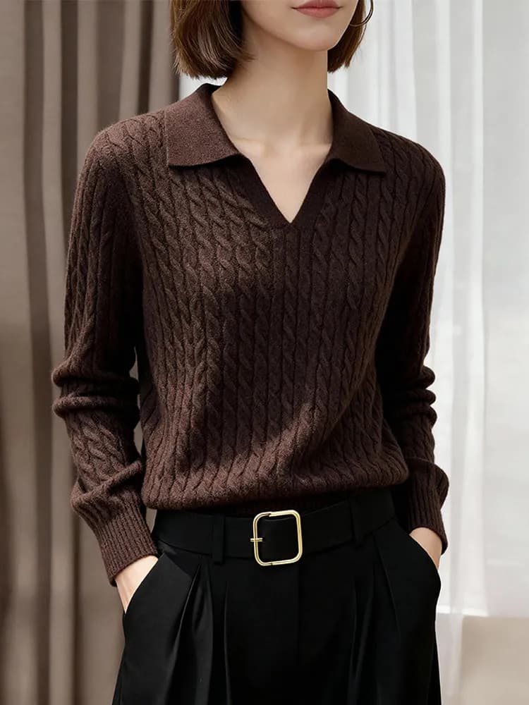 Pull en cachemire à manches longues pour femme, chemisier à revers confortable, à la mode et décontr