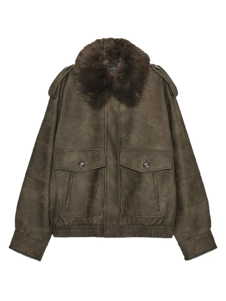 Fourrure col détachable manches longues veste bombardier ample femmes élégant col rabattu poche mant