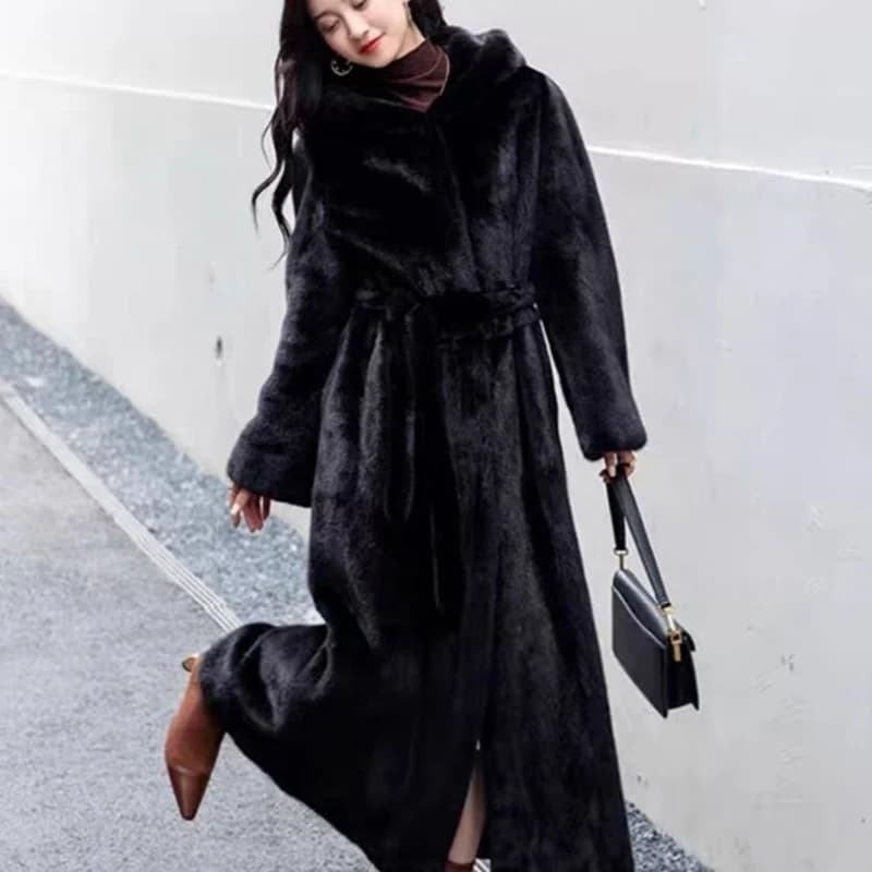 Manteau à capuche en fausse fourrure avec ceinture pour femmes, imitation fourrure de vison, manteau