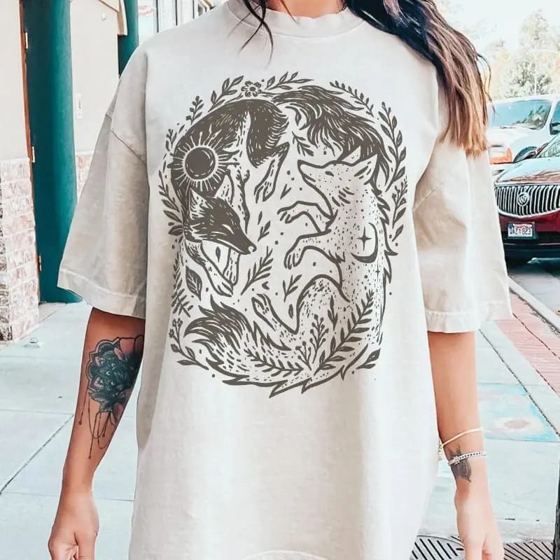 T-shirt en coton à motif animalier mystérieux Forêt Magique, esthétique naturelle Dark Academic, cou