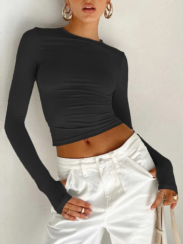 Mode femmes T-shirt à manches longues col rond solide coupe ajustée dames haut court avec trous pour