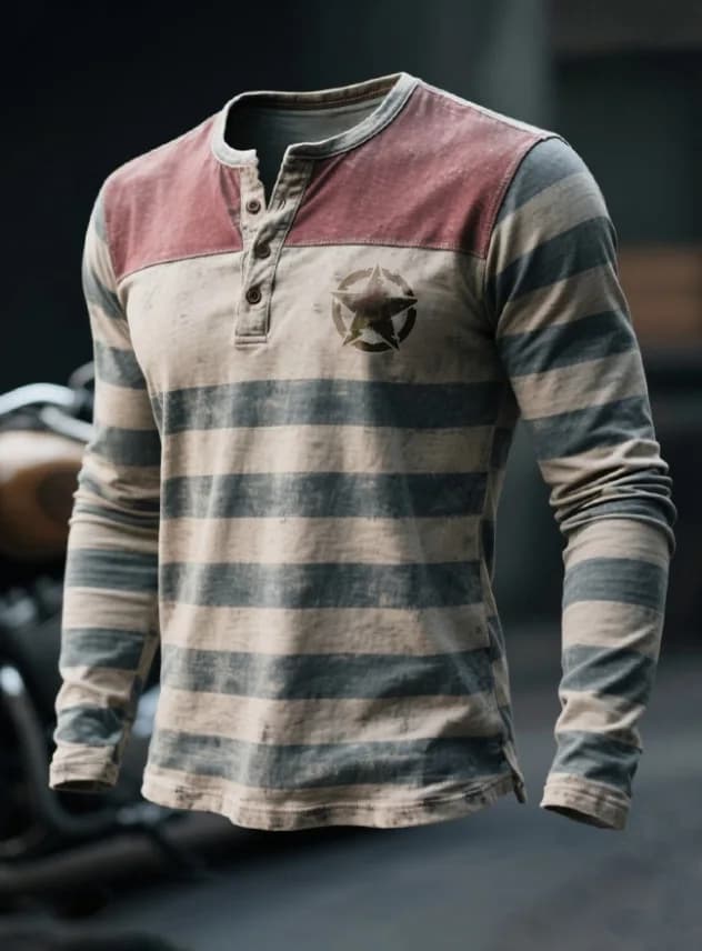 Nouveau T-shirt Henley Rétro Lavé pour Homme 2026, Imprimé Rayures et Étoiles, Manches Longues, Styl