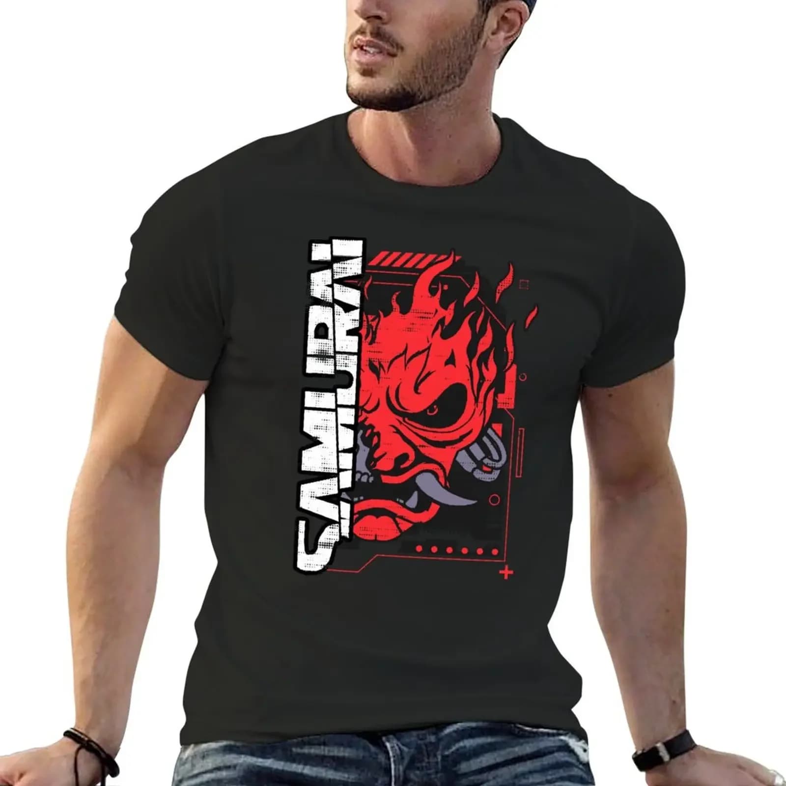 T-shirt de groupe de rock samouraï surdimensionné pour homme, haut graphique et scopique, style hip