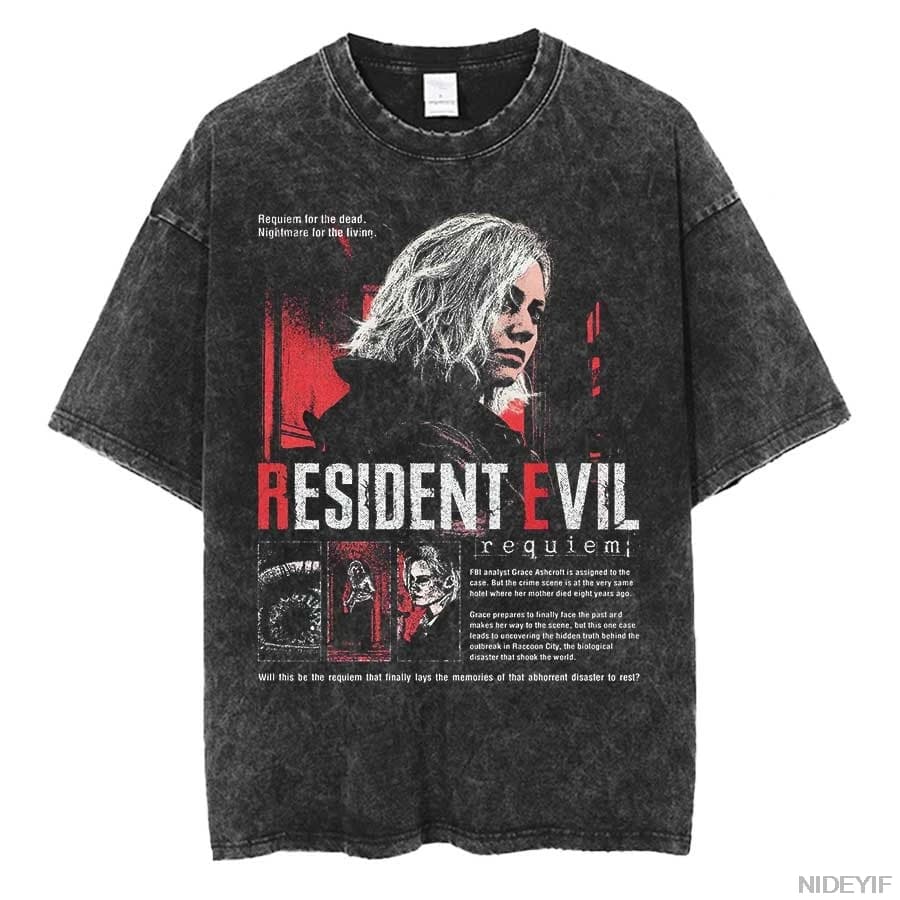 T-shirt rétro délavé avec motif imprimé Biohazard des années 1990, idéal pour les passionnés de jeux