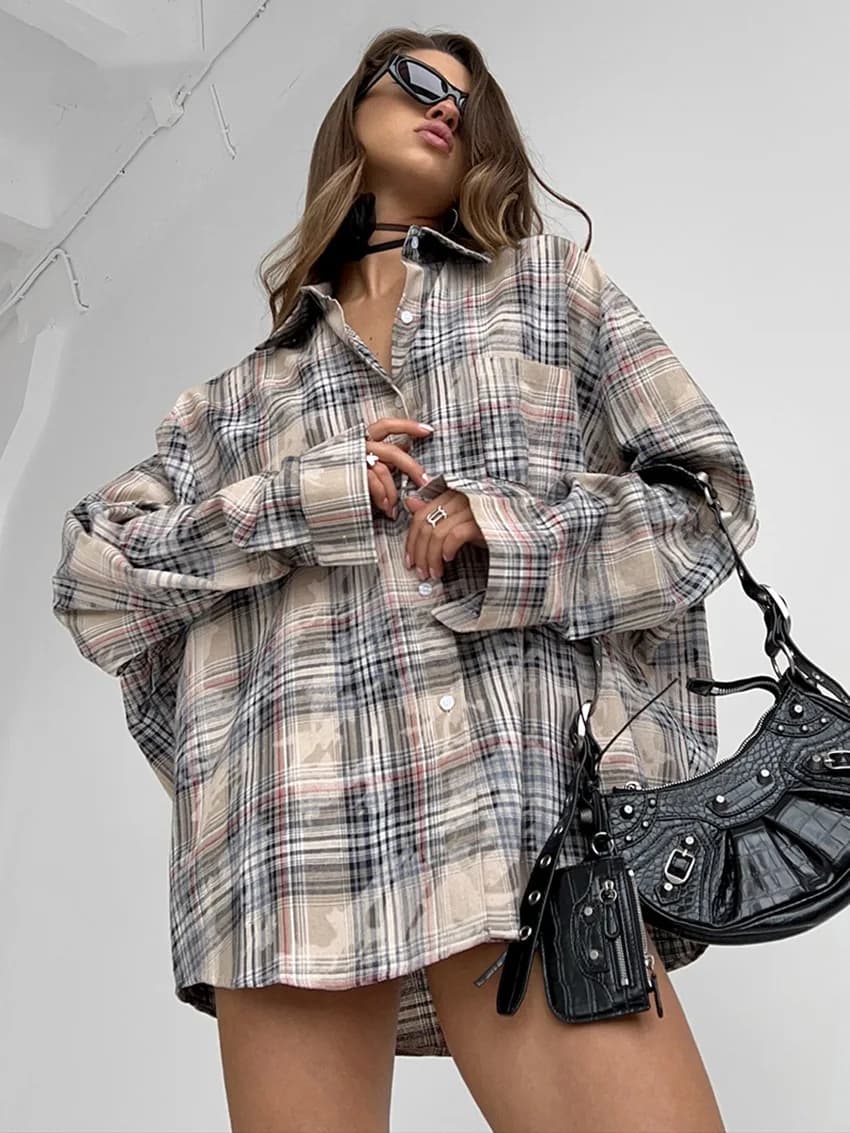 Chemisier à carreaux à manches longues pour femmes, chemise pour femmes, manteau décontracté, printe