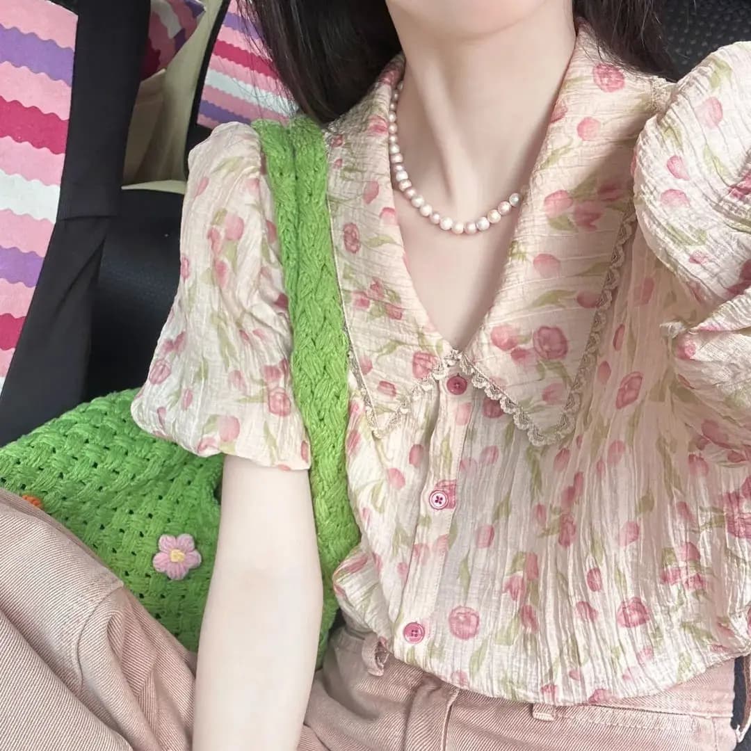 Chemises florales roses pour femmes, col claudine, manches courtes, style japonais mignon, Harajuku