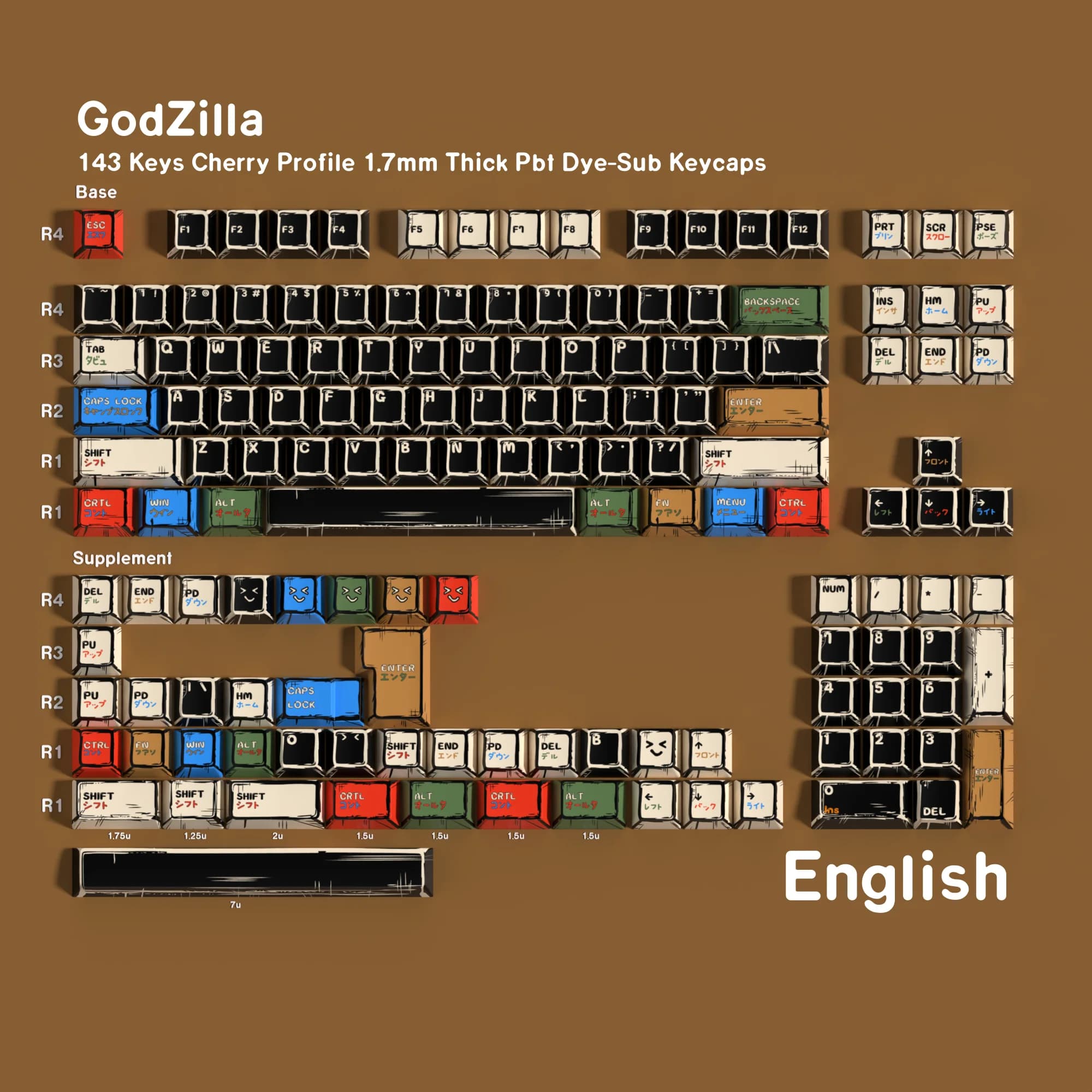 Capuchons de touches de clavier mécanique, 143 touches, dessin animé monstre, profil Cherry PBT, cor