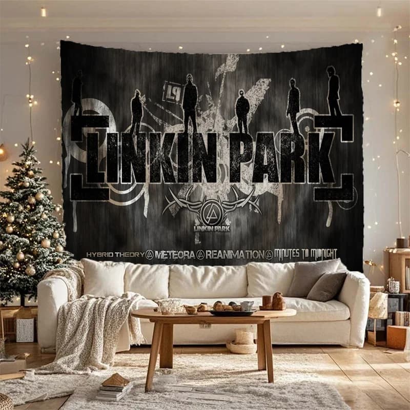 Tapisserie Epic Linkin Park avec silhouettes de groupe emblématiques et titres d'albums, parfaite po