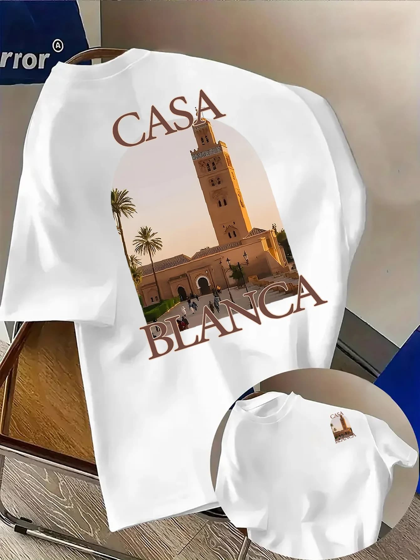 T-shirt pour homme en coton 100% avec impression photo de mosquée de ville marocaine, paysage au cou