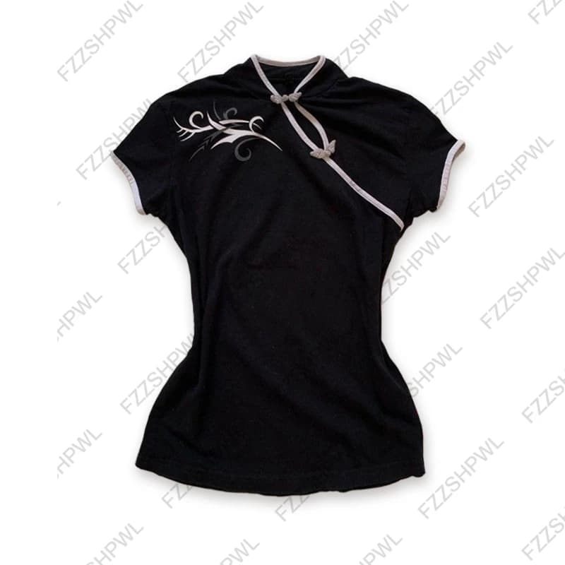 Harajuku femmes T-shirt rétro style chinois bouton chic mode mince esthétique haute rue punk Y2K mig