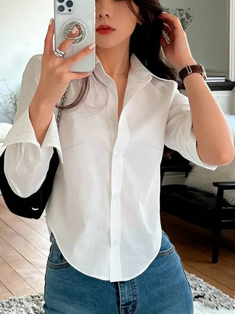 Chemise boutonnée pour femme à col chemise, manches longues, unie, tissée, coupe ample, légère, chic