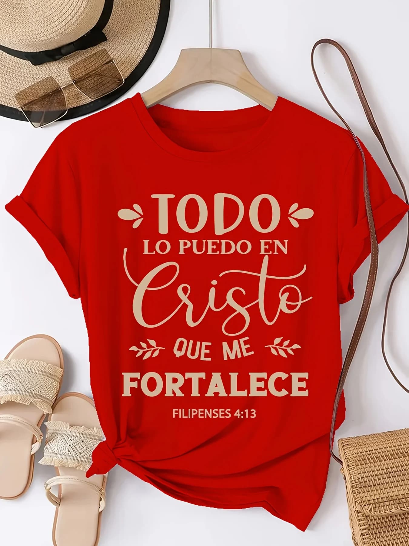 T-shirt chrétien rouge des philippiens espagnols 4:13 pour femmes, vêtements imprimés inspirants pou