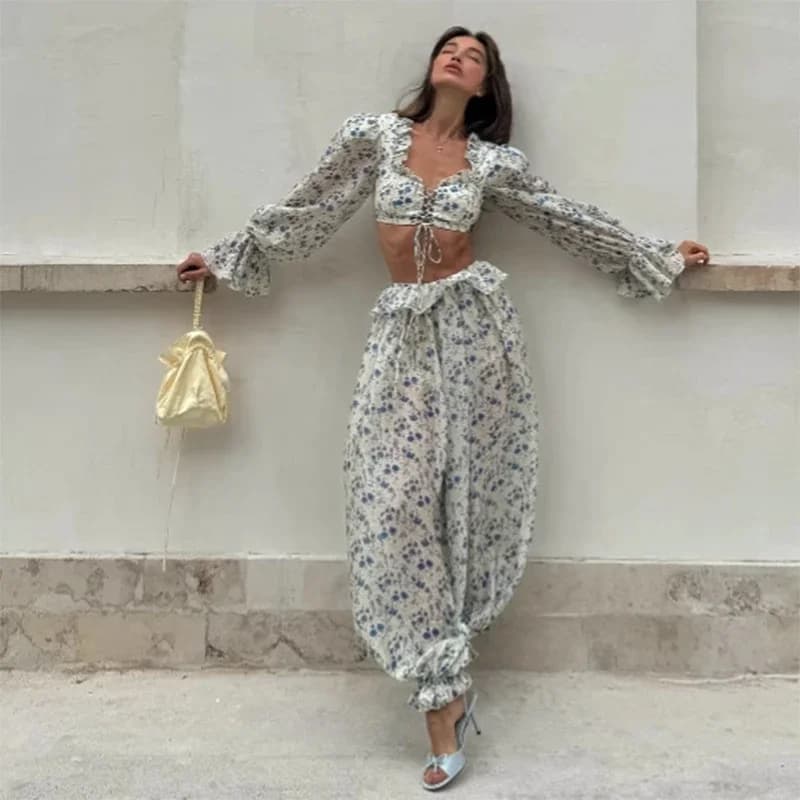 Ensemble haut court et pantalon de jogging imprimé rétro pour femmes, Sexy, à volants, col carré, ha