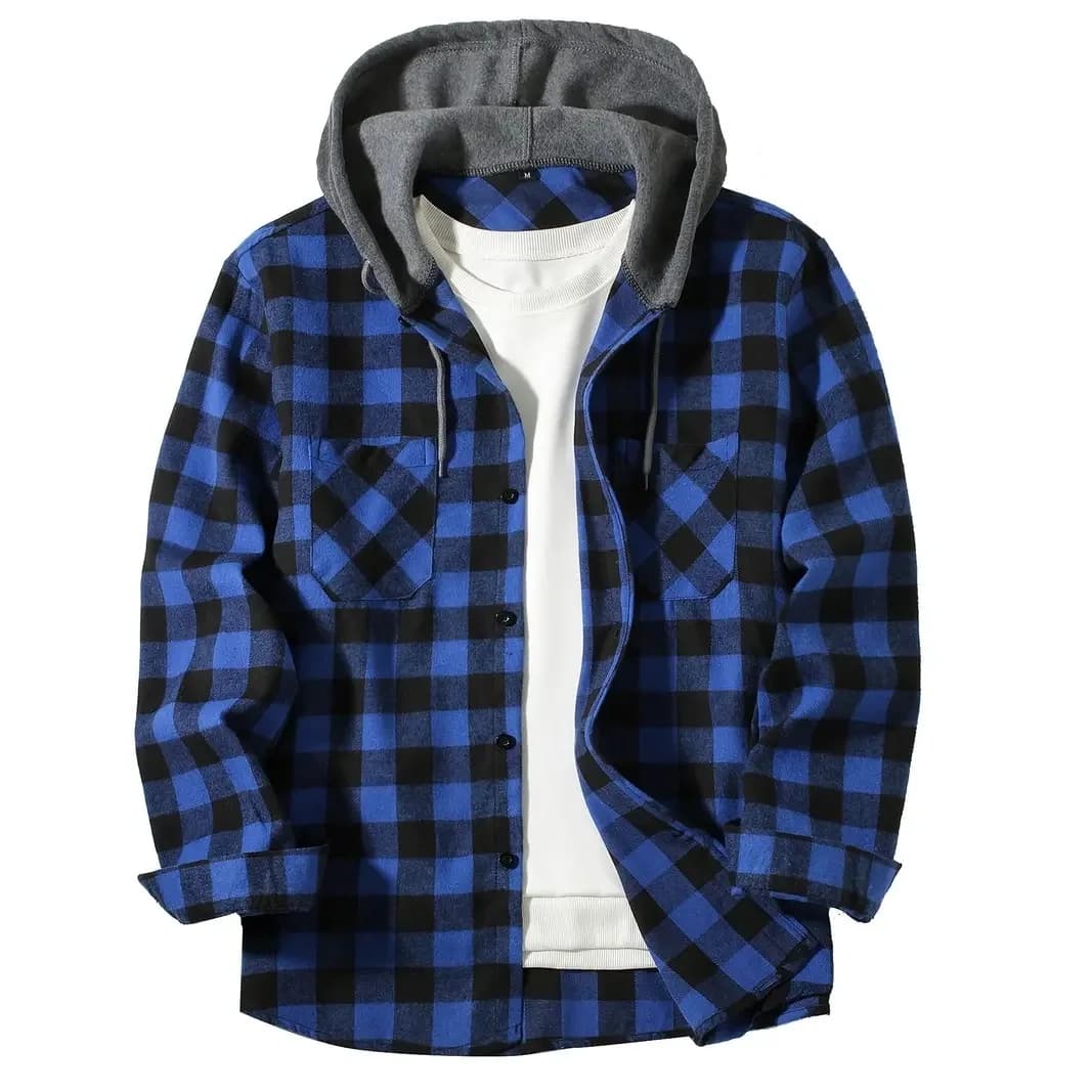 Chemises pour hommes classique Plaid décontracté boutonné à capuche à manches longues Double poches 