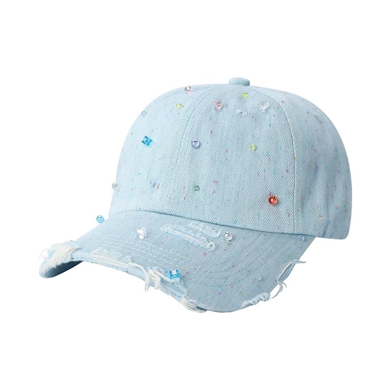 Casquette de baseball en jean déchiré pour femme ELFSACK avec perles colorées, chapeau à bord effilo