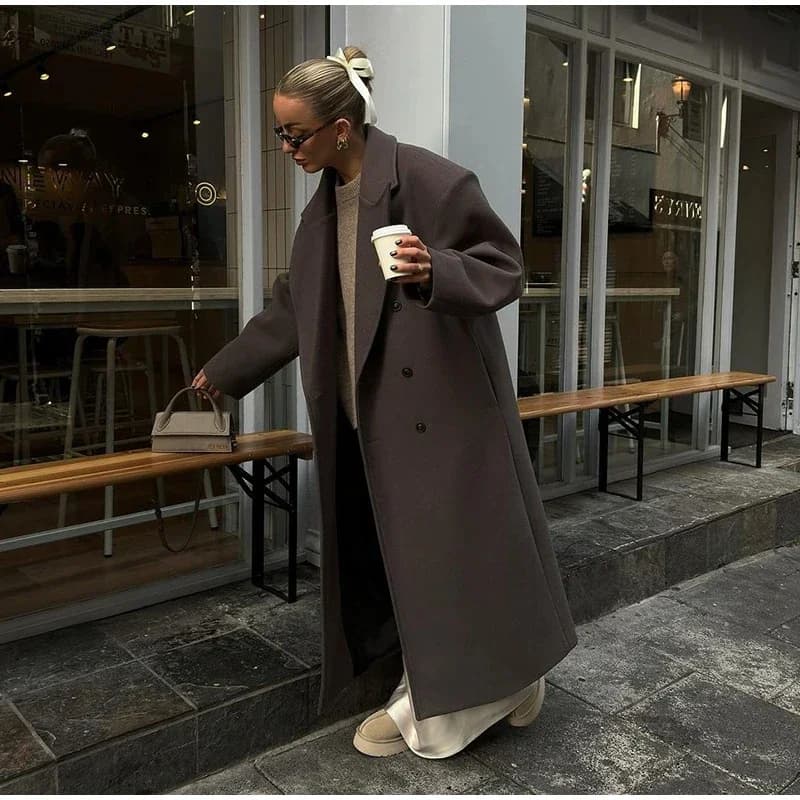 Élégant Long pardessus femmes col rabattu manches longues Double boutonnage poche manteau 2025 autom