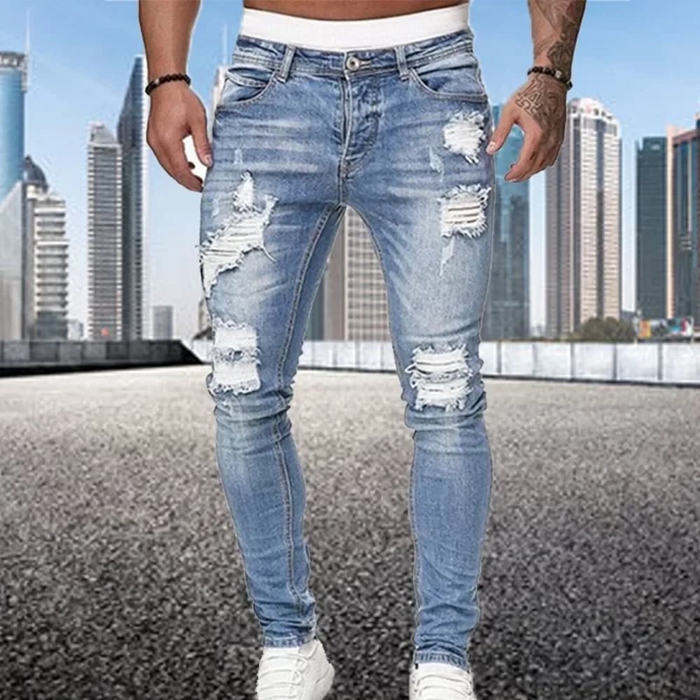 Jean Slim déchiré pour hommes, Vintage, lavage élastique, trous de motard, pantalon en Denim, décont