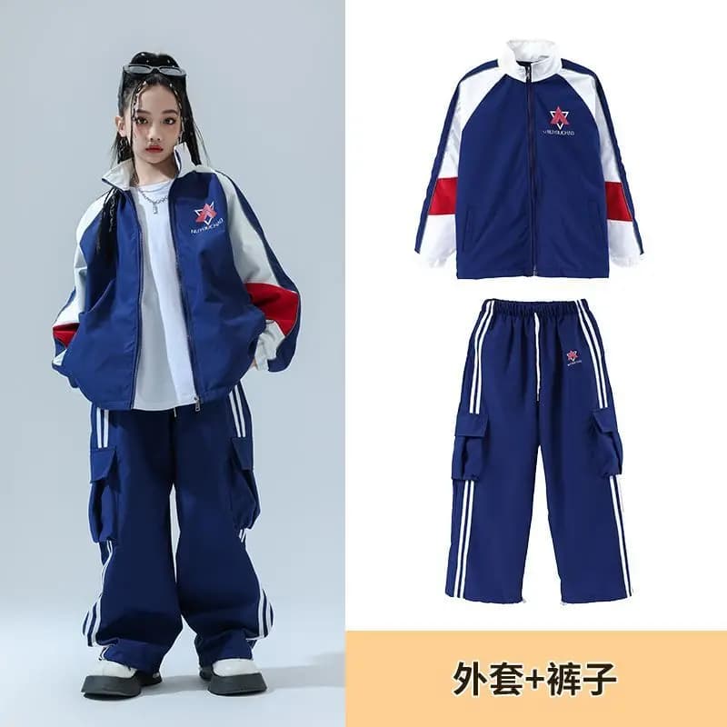 Enfant Cool Hip Hop vêtements bleu marine coupe-vent à fermeture éclair veste manteau haut pantalon
