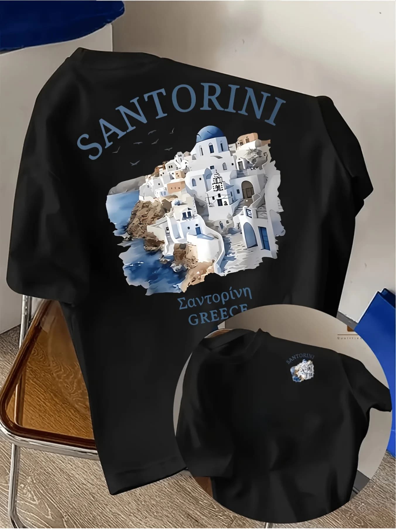 T-shirt d'été pour homme avec imprimé style aquarelle de Oia, Santorini ; esthétique vintage de vaca