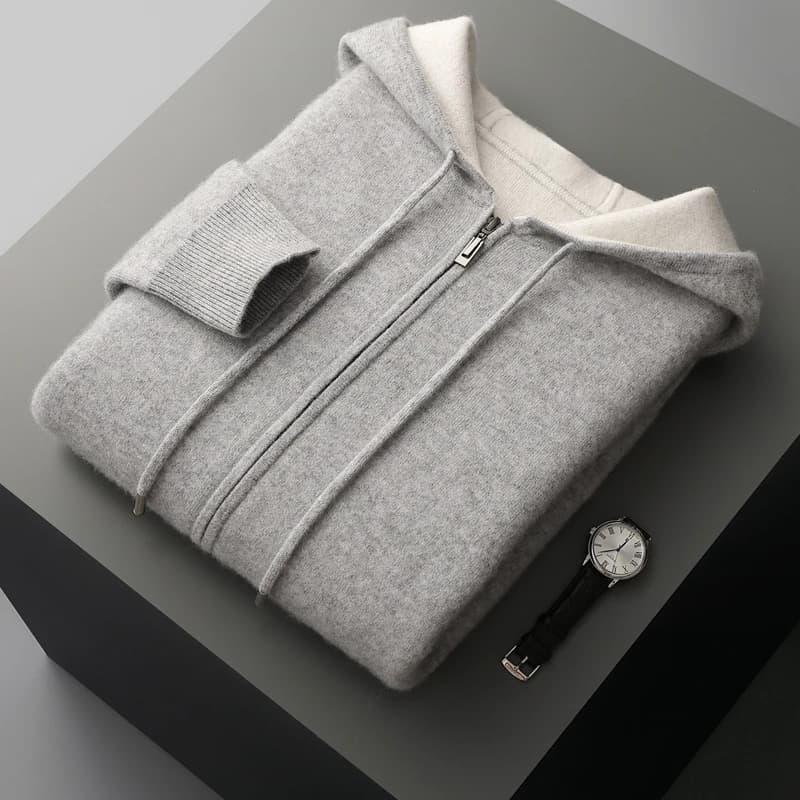 Pull en cachemire à capuche pour hommes, manteau rembourré, 100% laine Pure tricotée, Cardigan à fer