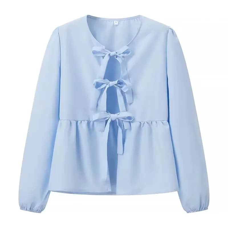 Chemisier Élégant HH pour Femme avec Nœud Papillon sur le Devant, Manches Bouffantes, Idéal Printemp
