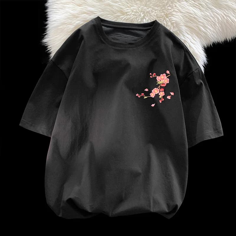 Nouveau T-shirt imprimé fleurs de prunier chinoises pour hommes et femmes, été 2026, col rond, manch