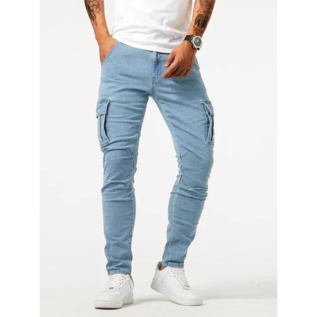 Jean élastique de rue pour hommes, pantalon Cargo en Denim, couleur unie, multi-poches, décontracté,