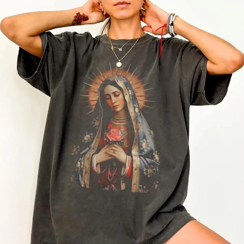 T-Shirt Vintage vierge marie pour femmes et hommes, unisexe, surdimensionné, ample, manches courtes,