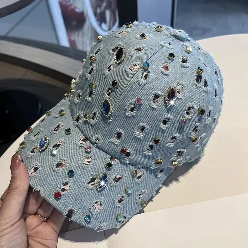 Casquette de baseball en jean incrustée de diamants pour femme, effet vieilli, entièrement ornée de