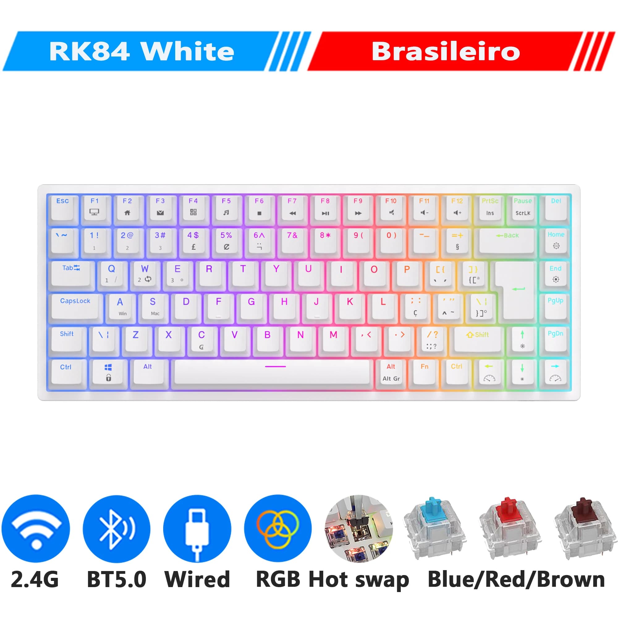 RK ROYAL KLUDGE RK84 75% RVB Triple Mode Clavier Mécanique BTpig/2.4G/USB-C 84 Chaud Interchangeable