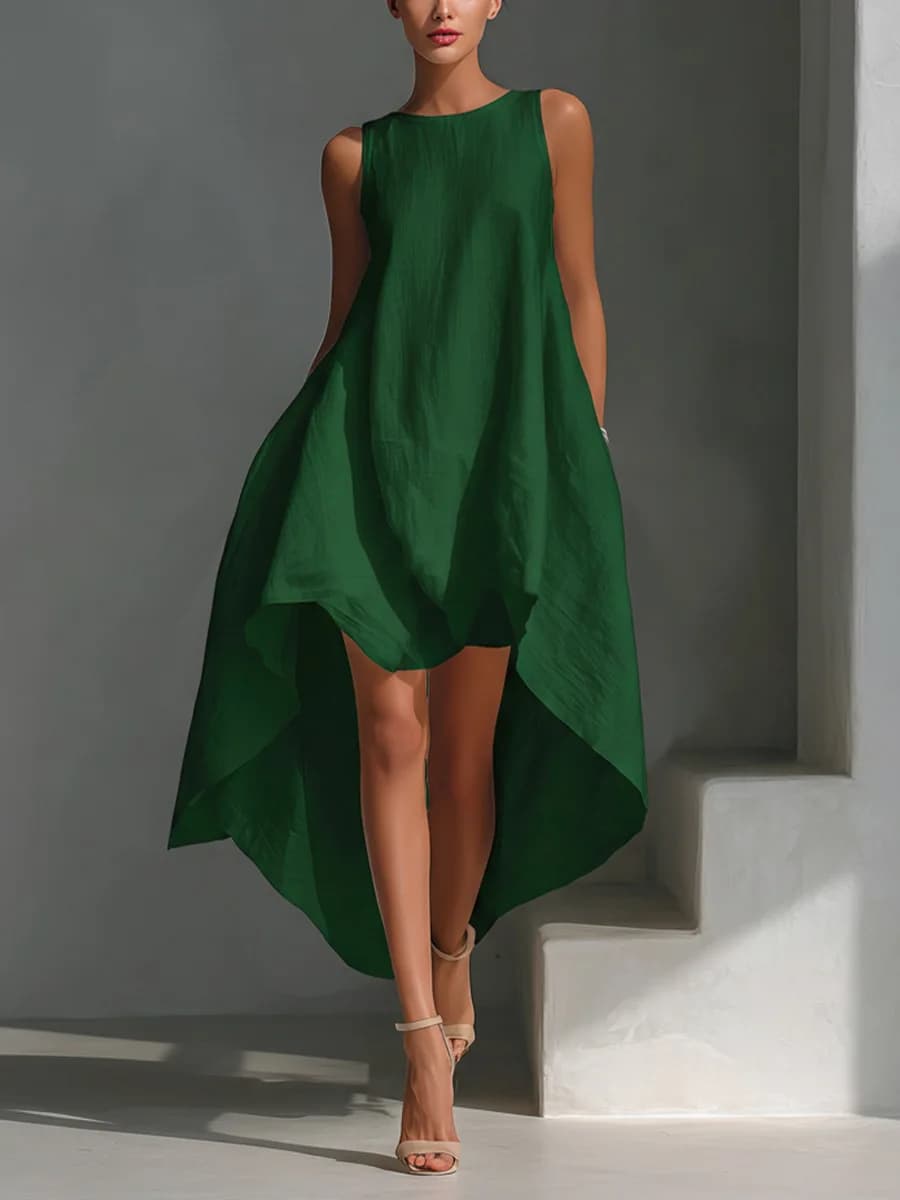 Robe d'été sans manches à col rond et ourlet irrégulier pour femme, design personnalisé, devant cour