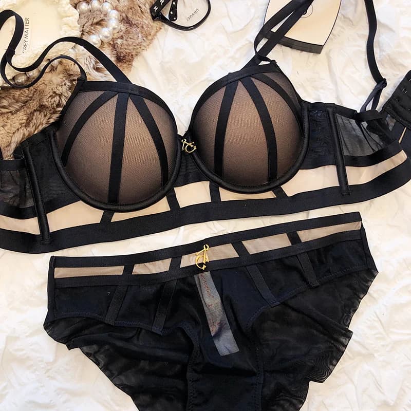Ensemble de sous-vêtements pour femmes à bandes classiques, soutien-gorge Push Up creux en dentelle,