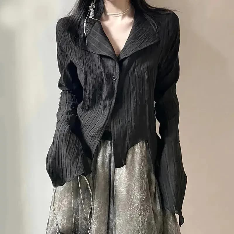 Chemisiers noirs gothiques pour femmes, style coréen Dark Academic, hauts asymétriques, mode printem