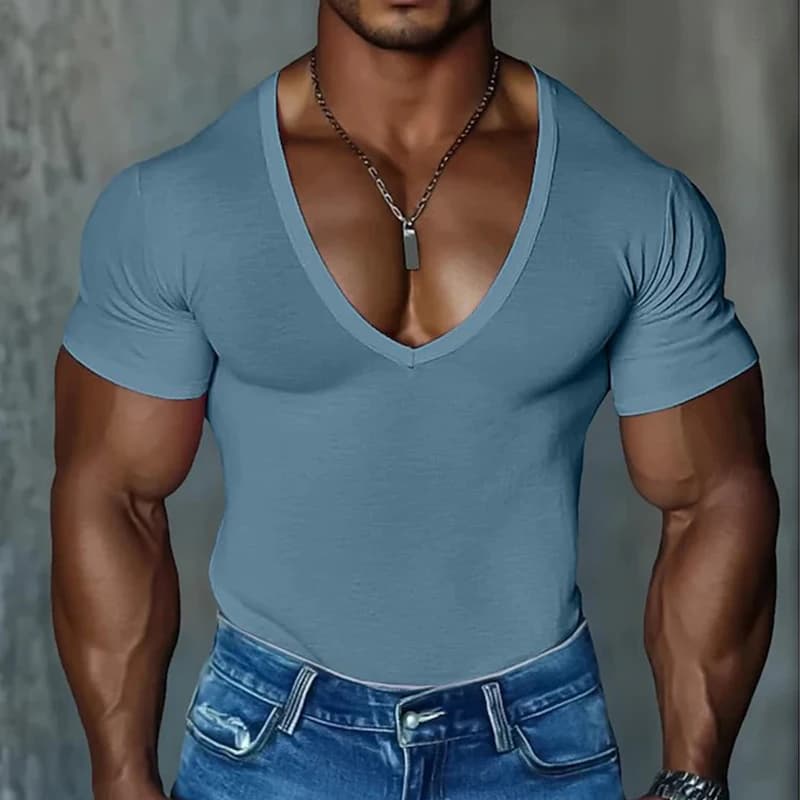 Vintage col en V t-shirts pour hommes été à la mode coupe ajustée Stretch à manches courtes T-shirt 