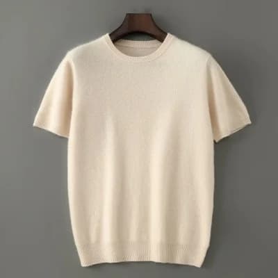 T-shirt tricoté en cachemire pur à 100% pour hommes, pull à col rond et manches courtes, pull ample 