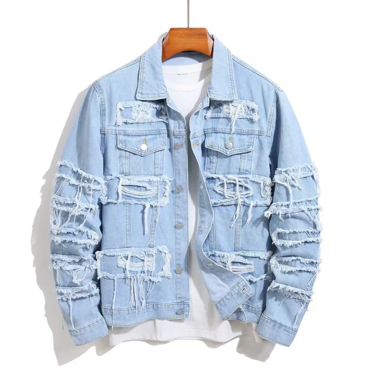 Veste en jean déchirée pour hommes, Style de rue, épissage empilé, vêtements Slim, manteaux de moto 