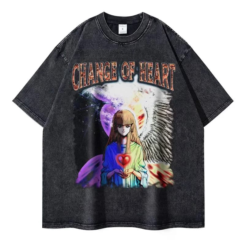T-shirts Anime Yu-Gi-Oh Vintage Noir Délavé Magicien Ample Y2K Streetwear Manga Yugi Mutou Manches C