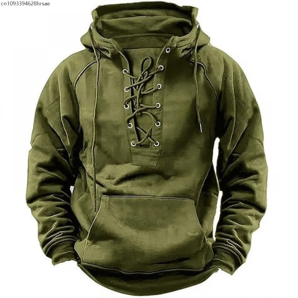 Hommes cordon sweat Vintage à lacets à capuche pulls amples chemises automne hiver à manches longues
