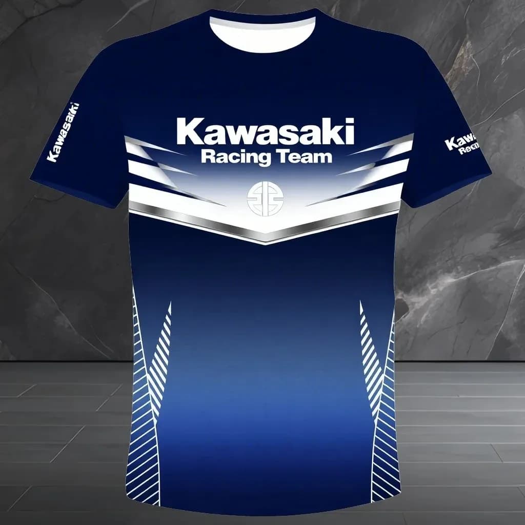 T-shirt imprimé à manches courtes de l'équipe Kawasaki Racing, style course, haut décontracté à col