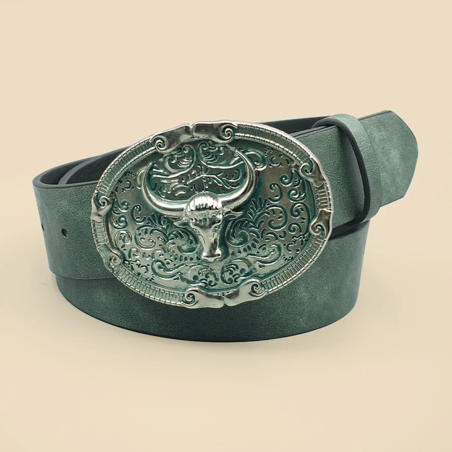 Ceinture décontractée verte de style occidental rétro avec boucle en alliage antique, un accessoire