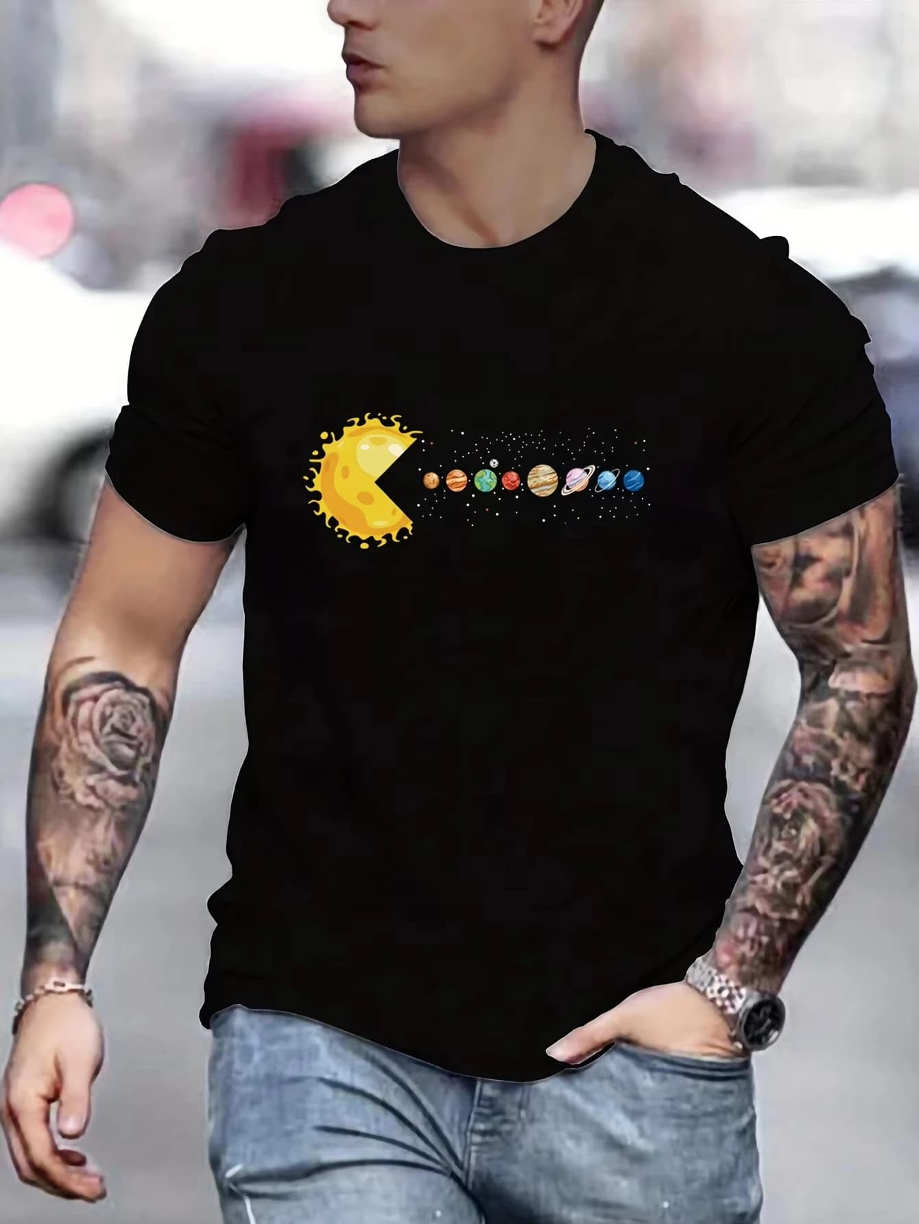 Sun Pac Man Planets T-shirt en coton décontracté style streetwear hipster