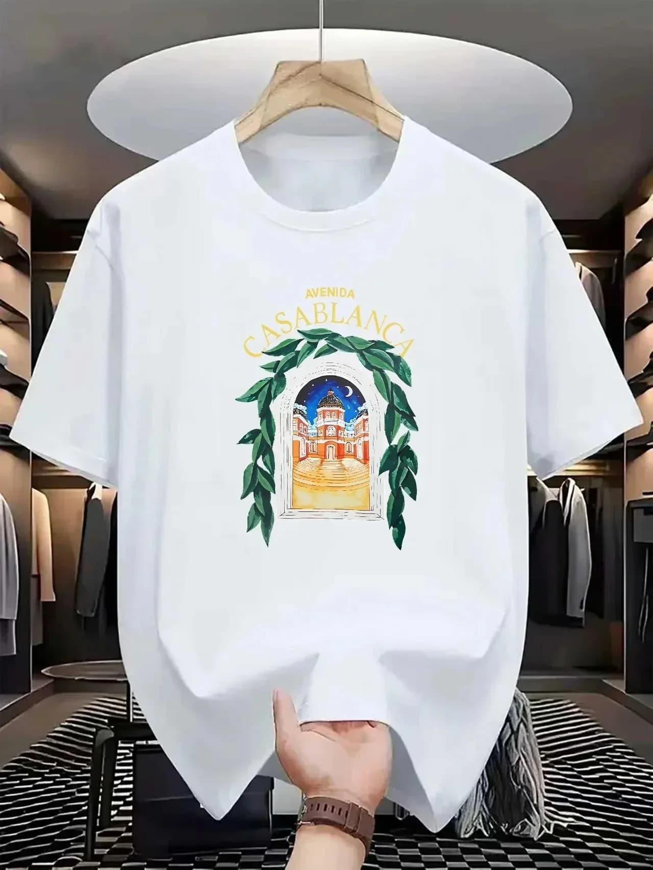 T-shirt graphique architectural esthétique Casablanca été 2026, décontracté, col rond, manches court