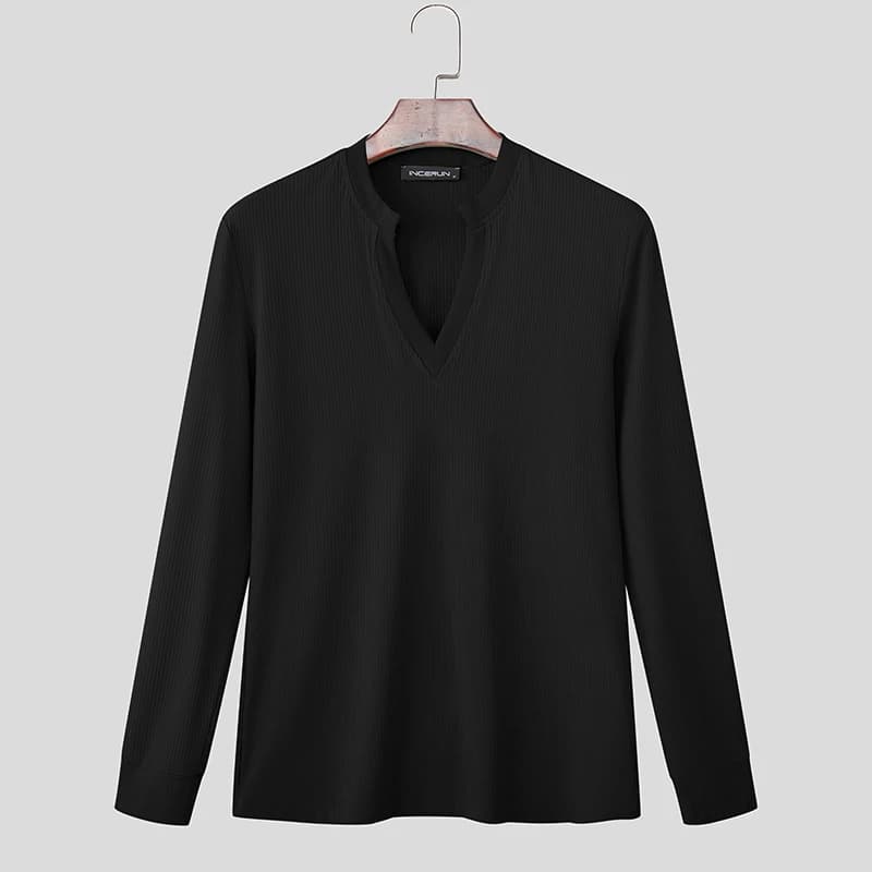 INCERUN hommes t-shirt couleur unie col en V à manches longues tricoté Streetwear mâle t-shirt hauts