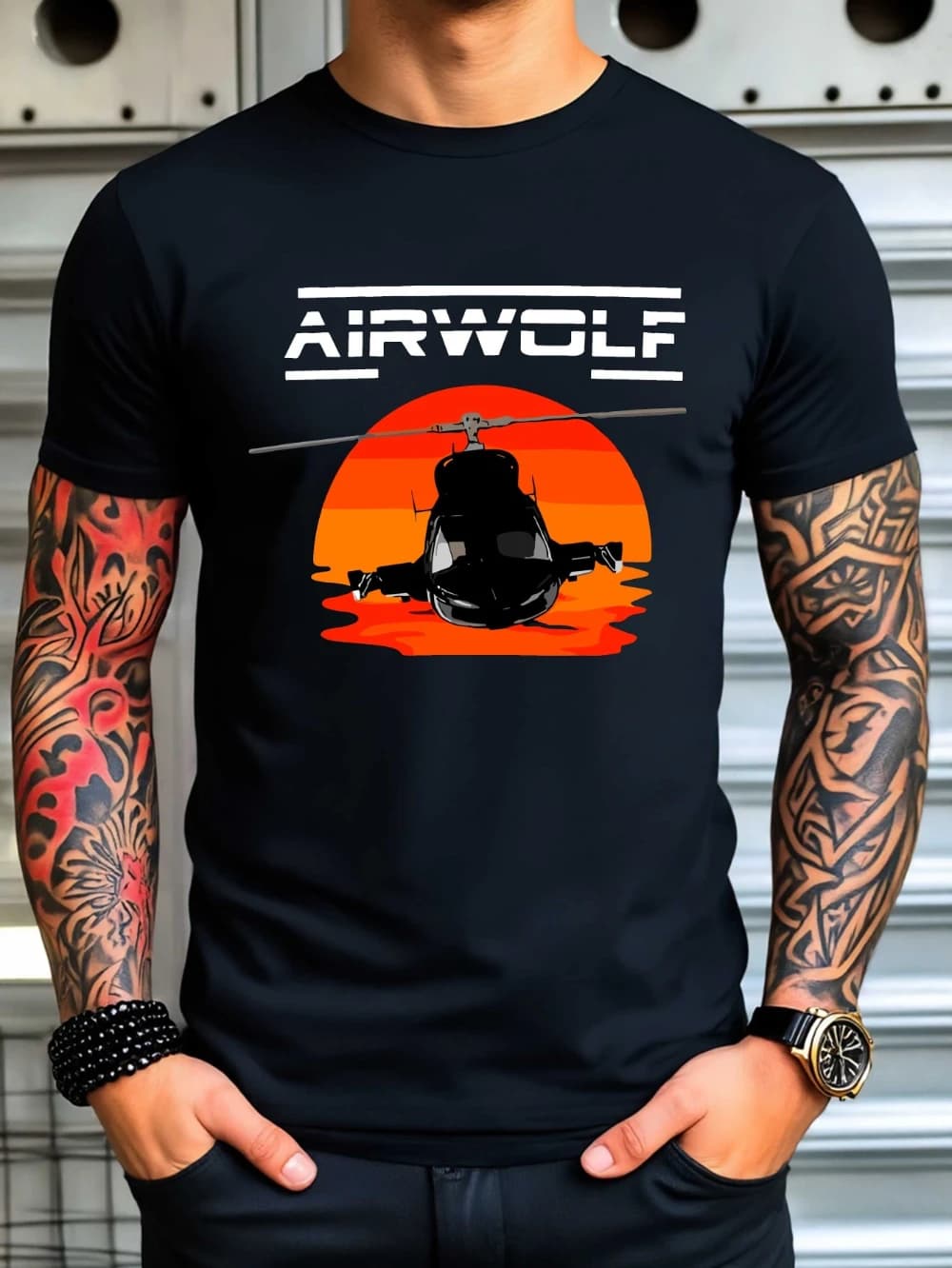 T-Shirt graphique Airwolf pour hommes, noir, avec hélicoptère, Design coucher de soleil, mélange de