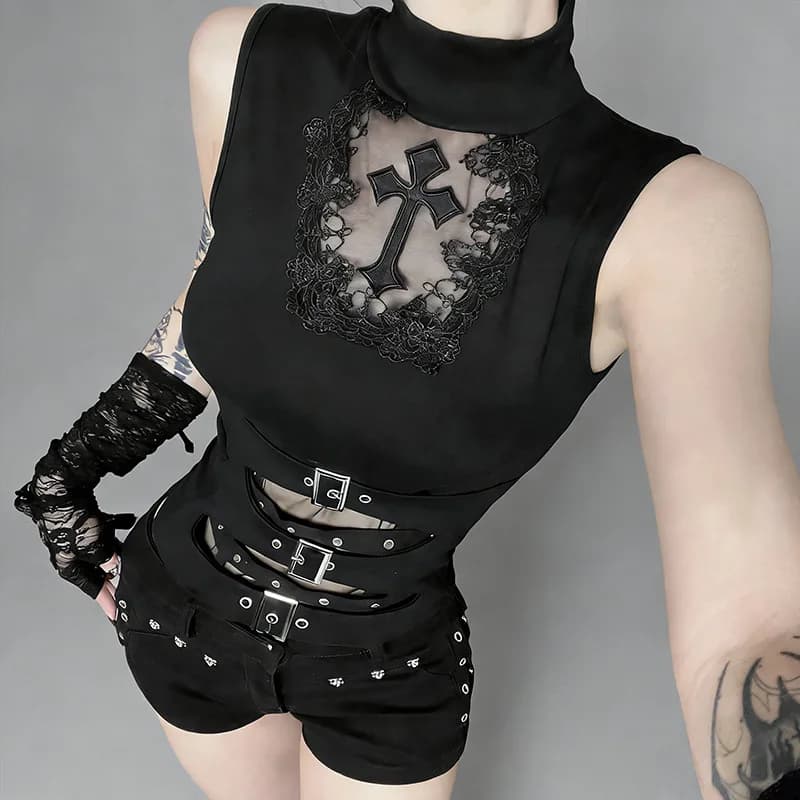 [You're My Secret] Top sans manches à col haut tendance, T-shirt gothique brodé croix, Top transpare