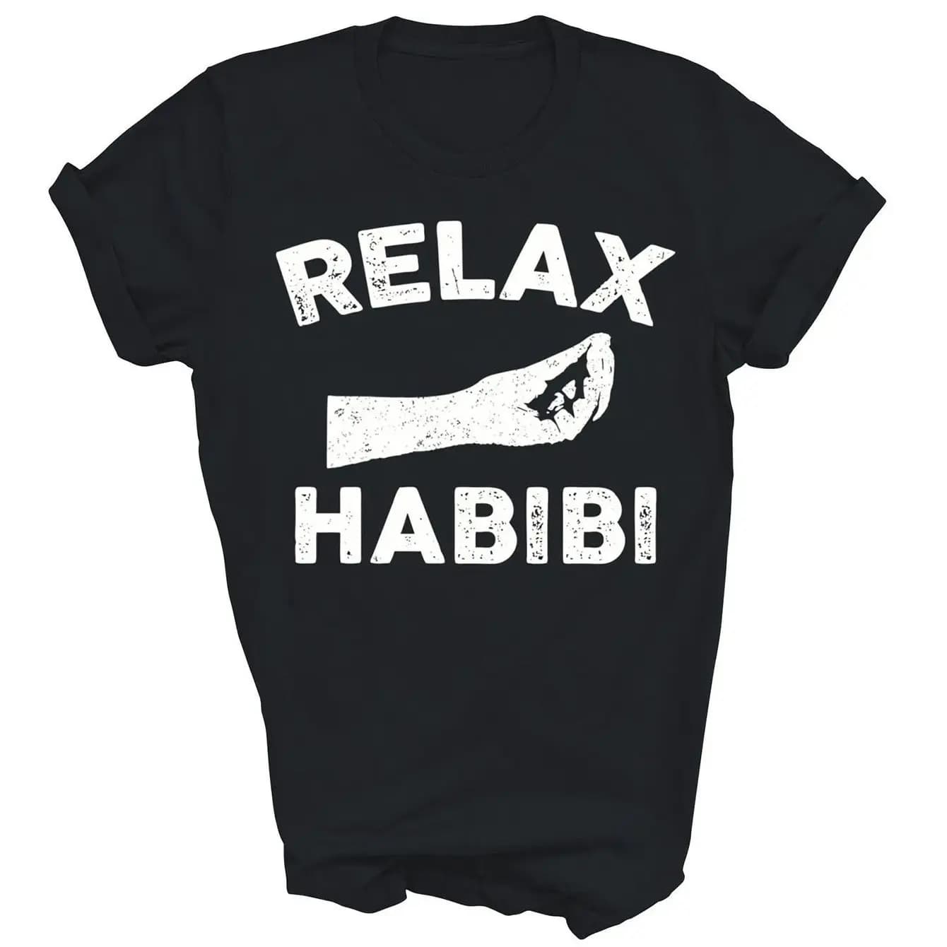 Relax Habibi T-Shirt de motivation arabe unisexe décontracté à manches courtes avec lettrage blanc a