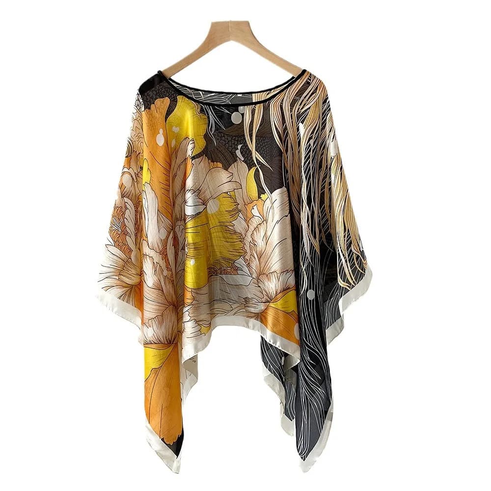Poncho Cape à Capuche Tendance, Grand Foulard Carré en Soie Artificielle, Châle d'Été Fin Anti-UV, É