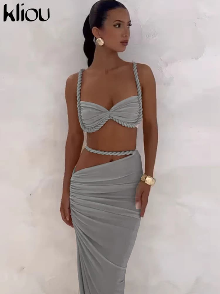 Kliou tissé Sexy femmes 2 pièces ensemble superbe chaud solide plissé culture Camisoles + taille hau